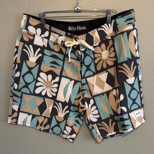 Rhythm. Men's Floral Geometric Swim Shorts - Black, Teal & Tan